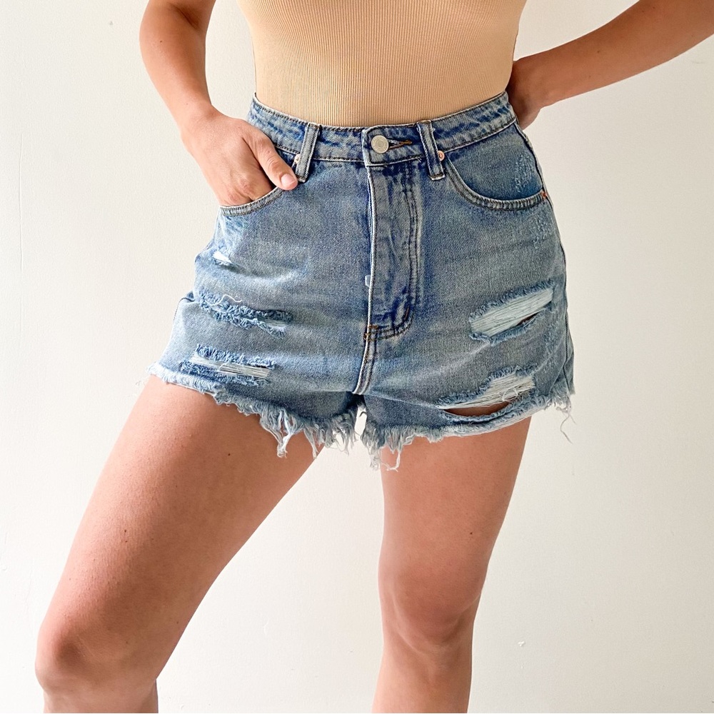 High waisted distressed denim shorts